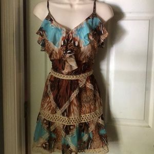 bebe Brown and Turquoise Ruffle Mini Dress
